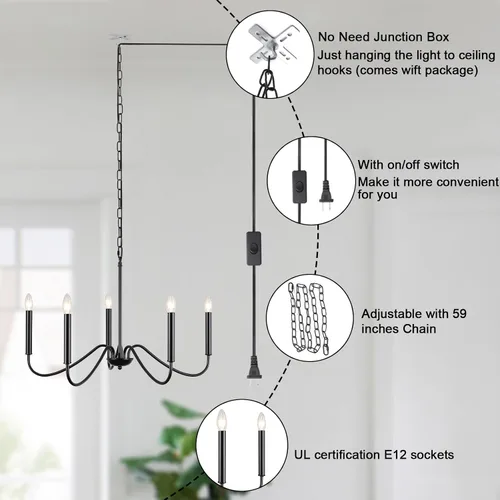 Vista 3 de ETONIMERR Lámpara colgante enchufable negra con luz larga de granja, lámpara colgante enchufable de 5 luces para comedor, lámpara de araña rústica