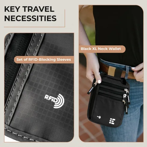 Vista 37 de Cartera para el cuello para viajes y pasaporte con bloqueo RFID, delgada y fácil de ocultar, bolsa de viaje de nailon para hombres y mujeres