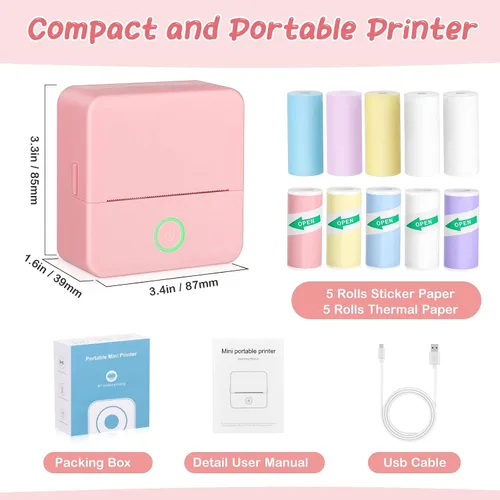 Vista 7 de Impresora de calcomanías, impresora térmica portátil, mini impresora con 10 rollos de papel de impresión, máquina de impresora de calcomanías