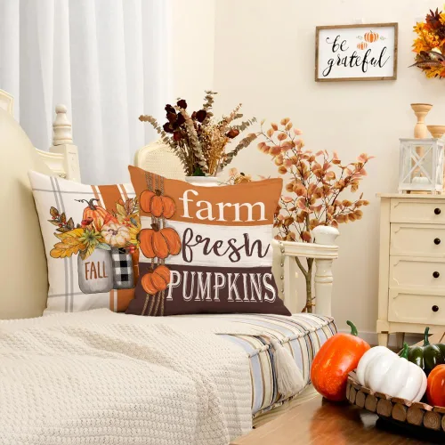 Vista 2 de GEEORY Juego de 4 fundas de almohada de camión de calabaza de otoño de 18 x Naranja y blanco