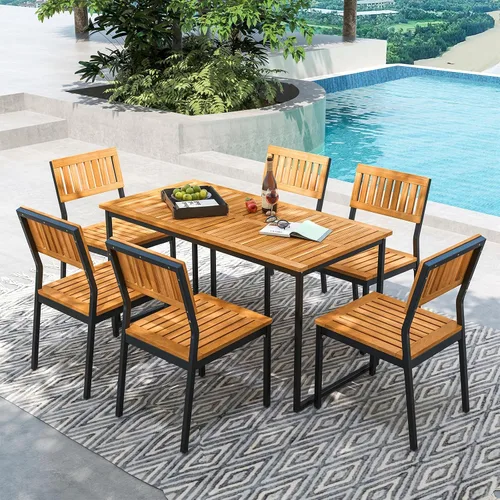 Vista 4 de Tangkula Mesa de comedor de madera de acacia de 55 pulgadas para 6, mesa rectangular para exteriores con patas de metal resistente y agujero