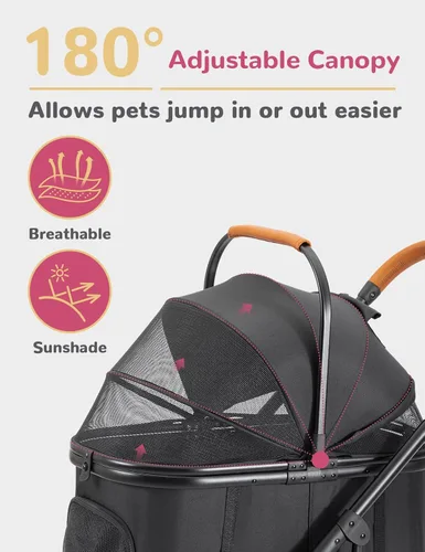 Vista 8 de Cochecito para perros pequeños y medianos de hasta 60 libras, cochecito plegable para mascotas con 4 ruedas con transportador desmontable