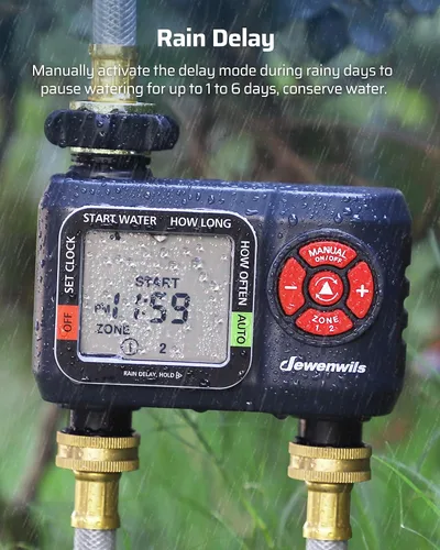Vista 6 de DEWENWILS Temporizador de manguera de agua de 2 zonas: temporizador de rociador programable con retardo de lluvia, riego manual y riego automático
