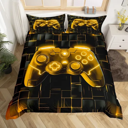 Vista 32 de Juego de funda de edredón con diseño de videojuegos para niños, tamaño individual, negro y azul a cuadros, juego de ropa de cama moderna