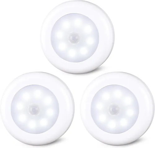 Vista 10 de STAR-SPANGLED Paquete de 3 luces con sensor de movimiento de 2.8 pulgadas para interiores, funciona con pilas AAA, luz LED para pegar en escaleras