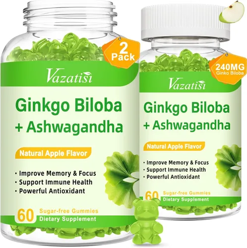 Vista 8 de Ginkgo Biloba - Gomitas de 240 mg con Panax Ginseng para un mejor estado de ánimo y concentración, mejora la salud cerebral, 60 gomitas veganas