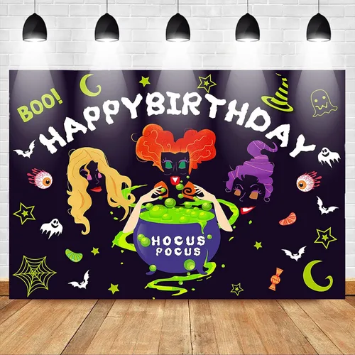 Vista 2 de Mocsicka Hocus Pocus, telón de fondo de fiesta de cumpleaños de Halloween, decoración de fiesta de cumpleaños, Halloween, brujas, hermanas
