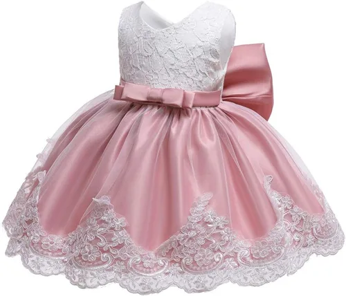 Vista 3 de Vestido de encaje y diadema formal con nudo de princesa y moño para niñas (color rojo sandía, 3-6 meses)