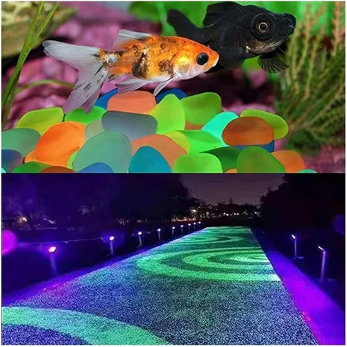 Vista 4 de Piedras brillantes moradas que brillan en la oscuridad, piedras luminosas para plantas de decoración de aceras, guijarros de plástico brillantes