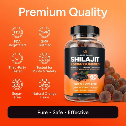 Vista 9 de Gomitas Shilajit del Himalaya sin azúcar para hombres y mujeres [4000 mg - extracto 10:1] Energía, enfoque y refuerzo de testosterona con KSM 66