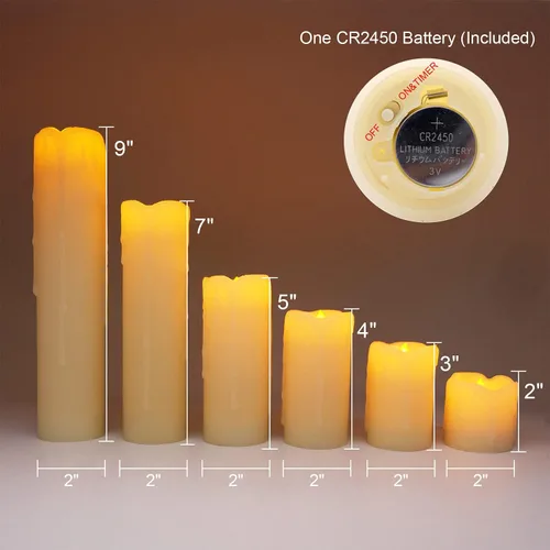 Vista 5 de Velas parpadeantes sin llama que funcionan con pilas (batería incluida) con temporizador de 6 horas, juego de 6 velas LED de cera goteante