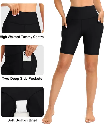 Vista 3 de Blouty Pantalones cortos de natación de cintura alta de 7 pulgadas con bolsillos UPF50+ pantalones cortos de natación para mujer con forro