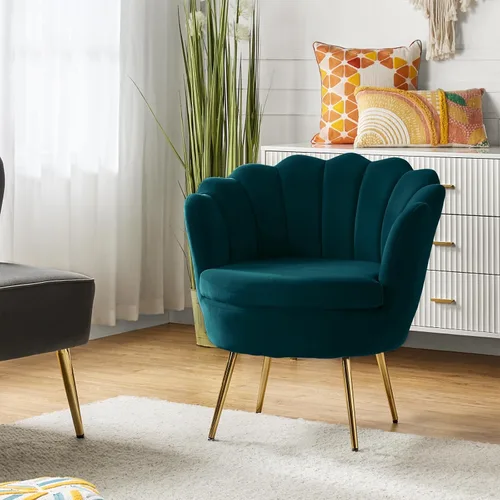 Vista 52 de HULALA HOME Silla decorativa moderna de terciopelo con respaldo en forma de concha, bonito sillón para sala de estar, dormitorio con patas doradas