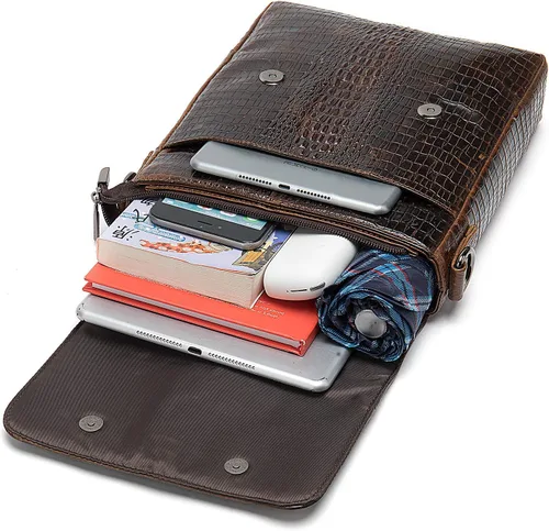 Vista 5 de NIUCUNZH Bolso bandolera de cuero con solapa para hombre pequeño bolso cruzado de hombro novedoso cocodrilo en relieve Café
