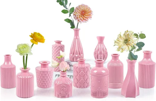 Vista 15 de UPBUD Juego de 5 jarrones de cristal ámbar, pequeños jarrones marrones para flores Mini jarrones a granel para decoraciones de boda, jarrón