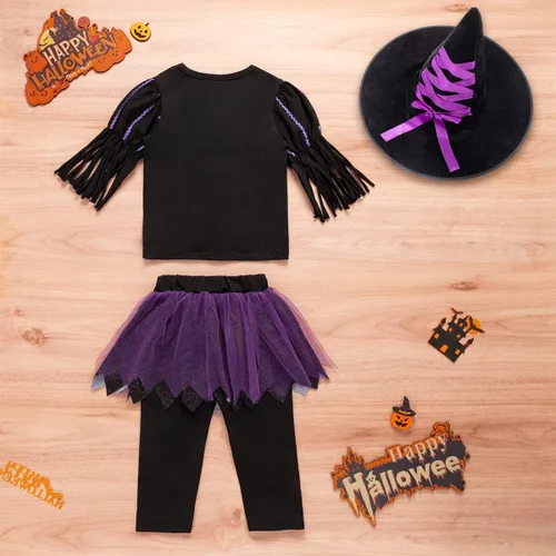 Vista 3 de Conjunto de falda de Halloween para niña pequeña con sombrero de cuento de hadas verde y morado