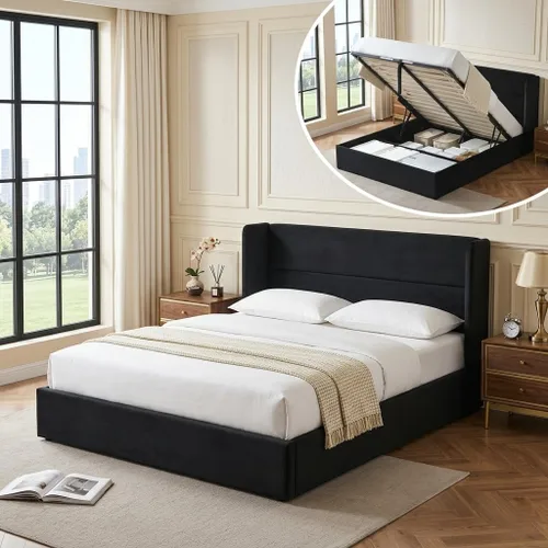 Vista 13 de Marco de cama de almacenamiento de elevación completa, cabecera moderna con respaldo de ala, color negro
