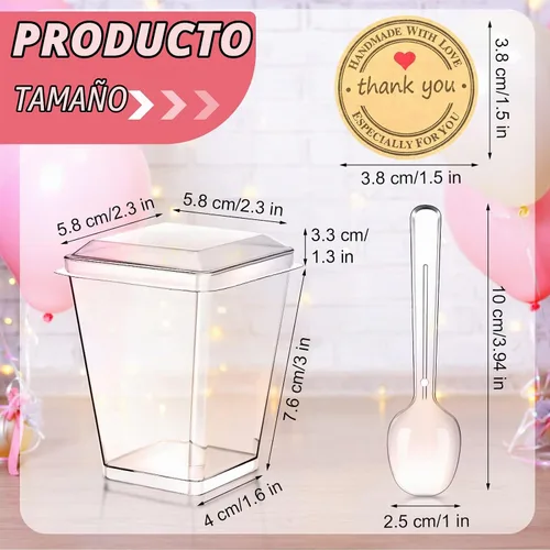 Vista 3 de Sieral - Paquete de 100 tazas de postre de plástico de 5 onzas con tapas, cucharas, transparentes, cuadrados Mini Parfait Cup for Yogurt Fruit