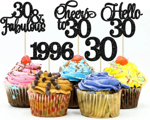 Vista 47 de Gyufise Paquete de 24 adornos negros para cupcakes de 10.º cumpleaños con purpurina negra 10 Ten Hello 10 Dights dobles desde 2015 para decoraciones