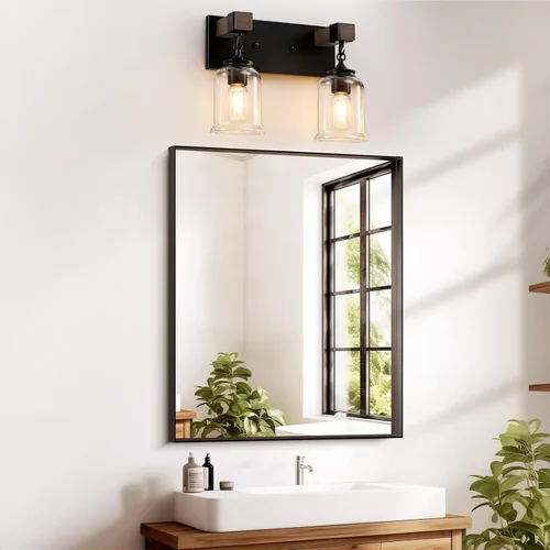 Vista 2 de VbiTmn Accesorios de Iluminación para Baño Estilo Granja, Lámpara de Tocador para Baño de 2 Luces Negro Mate, Estilo Industrial con Pantallas