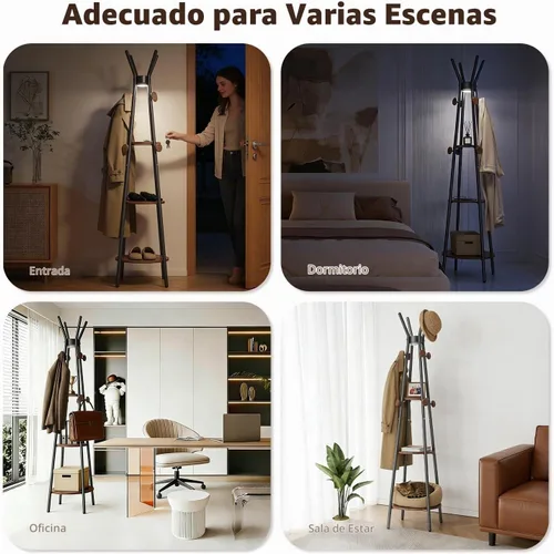 Vista 8 de young master Perchero, Perchero independiente con 3 estantes y 12 ganchos, Árbol perchero con luz con sensor de movimiento para entrada, sala