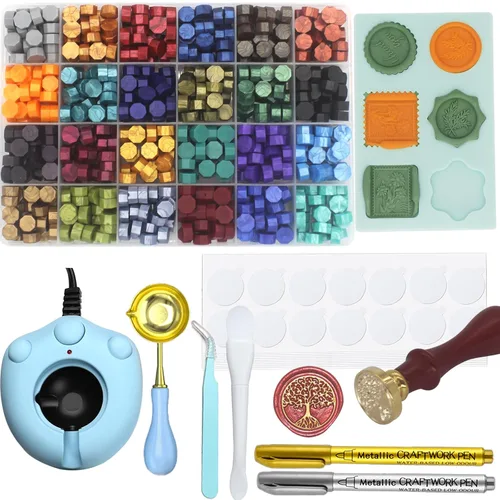 Vista 8 de Kit de sellos de cera con 24 colores, 600 piezas, sello de sellado del árbol de la vida, juego de calentador de sellos de cera eléctrico, molde