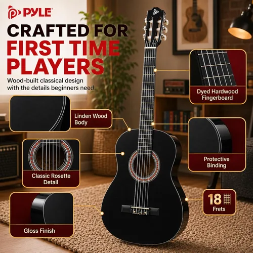 Vista 5 de Pyle Kit de guitarra acústica para principiantes, instrumento de madera de tamaño junior 3/4 con kit completo de accesorios, púas, correa