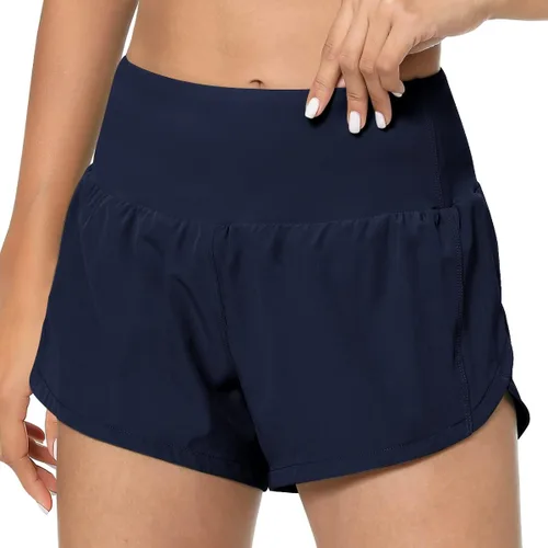 Vista 2 de GYM RAINBOW Pantalones cortos deportivos de cintura alta para mujer, ligeros, de secado rápido, para entrenamiento, gimnasio, correr, con bolsillos