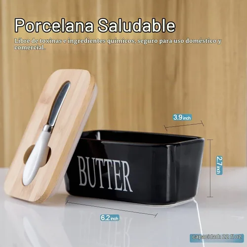 Vista 2 de Hasense Porcelain Butter Dish with Lid, Knife & Seal for Countertop Black Negro