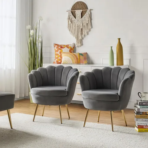 Vista 37 de HULALA HOME Silla decorativa moderna de terciopelo con respaldo en forma de concha, bonito sillón para sala de estar, dormitorio con patas doradas