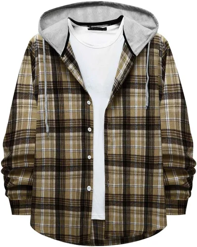 Vista 20 de Aymnlox Sudaderas con capucha para hombre, de manga larga, a cuadros, con botones, con capucha, casual, elegante, con cordón, 2024 #A01-Red