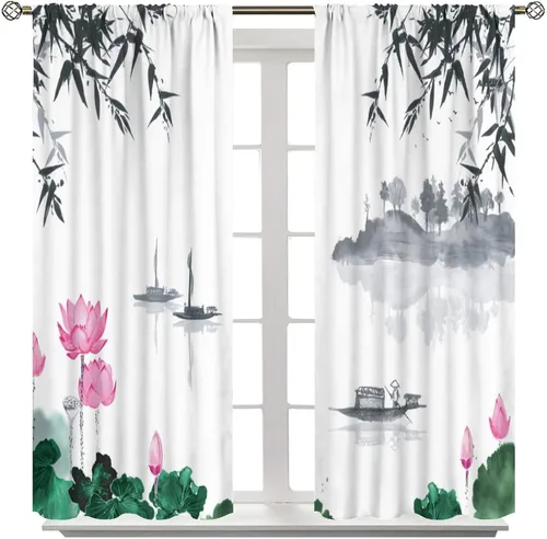 Vista 8 de Cortinas con estampado de bambú, diseño de loto rosa asiático japonés, tela de poliéster, tratamiento de ventana para dormitorio, sala de estar