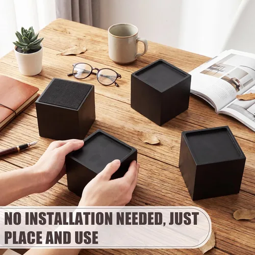 Vista 3 de Juego de 4 elevadores de muebles de cama de madera maciza de 4 pulgadas, elevadores de sofá cuadrados negros resistentes, bloques de madera marrón