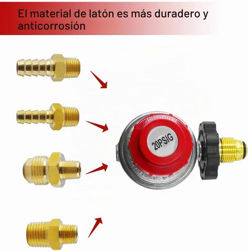 Vista 5 de Válvula Reguladora de Propano Ajustable 0 a 20 PSI Kit de Conversión de Manguera LP. Adaptador POL macho de entrada con salida de 1/8" NPT macho a