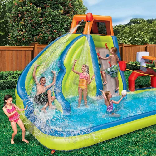 Vista 8 de BANZAI Parque acuático inflable con tobogán y piscina 180 x 156 x 96 pulgadas, vinilo Dura-Tech, pared de escalada, aro de baloncesto y porterías