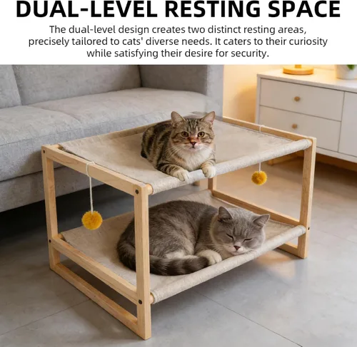 Vista 8 de Hamaca para gatos de 2 capas, litera de madera de pino para gatos con funda extraíble lavable, capacidad de 45 libras/nivel, cama elevada