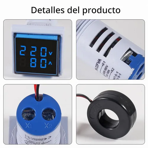 Vista 5 de 2 voltímetros de amperímetro digital de CA de 60-500V 0-100A, pantalla de tubo digital cuadrado de 0.866 in con transformador, pantalla LED Azul