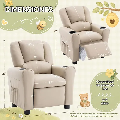 Vista 2 de Silla reclinable de piel sintética para niños, sofá reclinable para niños Beige