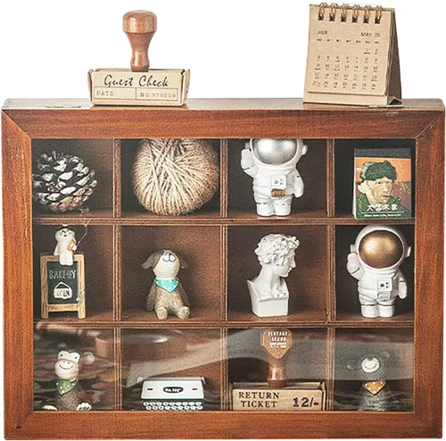 Vista 9 de Mini caja de almacenamiento de madera de 9 ranuras con estuche de acrílico transparente coleccionables, caja organizadora cuadrada de madera