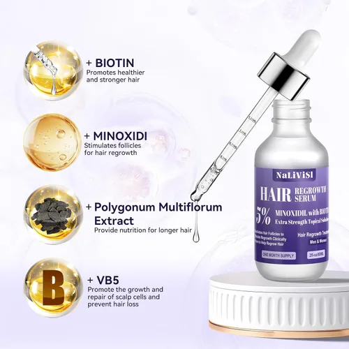Vista 6 de Paquete de 2 aceites de minoxidil al 5% para hombres y mujeres, suero de crecimiento del cabello con masajeador del cuero cabelludo, espuma