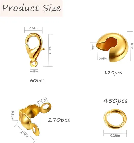Vista 2 de Juego de 900 piezas de accesorios para fabricación de joyas con 120 cuentas de engarce abiertas semicirculares, 270 puntas de cuentas, cubiertas