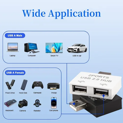 Vista 9 de Hub USB 2.0, adaptador divisor USB de 1 a 2 salidas, paquete de 2, expansor USB de 2 puertos, carga rápida y transferencia de datos de 480 Mbps