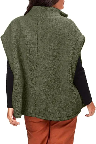 Vista 30 de Hongqizo - Chaleco de forro polar mullido para mujer, casual, de gran tamaño, cálido, con botones, chaqueta de sherpa con bolsillos