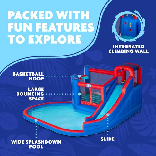 Vista 2 de Sunny & Fun Big Time Bounce-A-Round - Parque inflable de tobogán acuático – Resistente para diversión al aire libre – Pared de escalada, tobogán