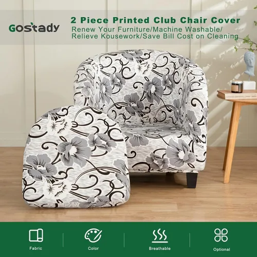 Vista 5 de Funda estampada para silla de club, 2 piezas, elástica con acento de barril para sillón, fundas de sofá, fundas extraíbles para silla de bañera