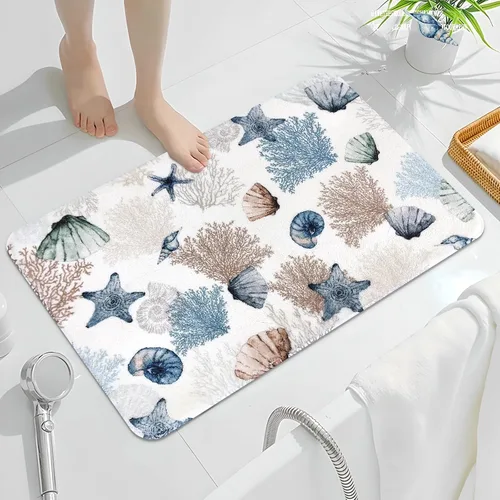 Vista 3 de MEHOFOND Alfombras de baño náuticas de 20 x 32 pulgadas, diseño de coralino, estrellas de mar y océano, antideslizantes, color azul marino