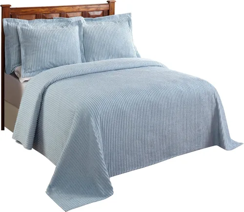 Vista 4 de Better Trends Colchas de Chenille Tamaño Individual, Azul 100% Algodón Chenille Diseño de Rayas Acolchado Cobertor Suave Liviano, 96"x110" con 1
