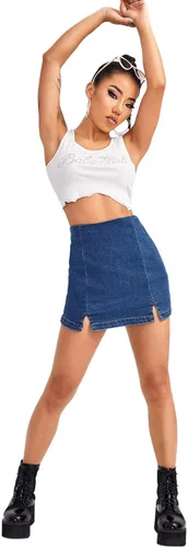 Vista 5 de Floerns Pantalones cortos de mezclilla de cintura alta con dobladillo dividido para mujer