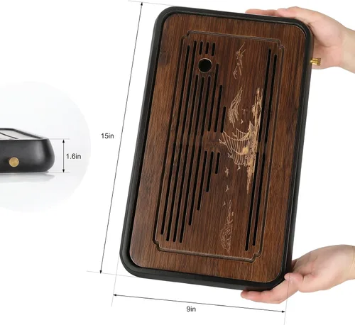 Vista 6 de Ufine Bandeja de té de gongfu de bambú de 15 pulgadas con drenaje de almacenamiento de agua Bandeja de servir de té chino Kung Fu Bandeja de mesa
