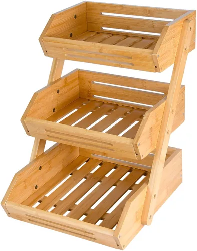 Vista 9 de VIKEYHOME Cesta de frutas, cuenco de frutas de bambú de 3 niveles para cocina, soporte de almacenamiento de frutas y verduras, organizador